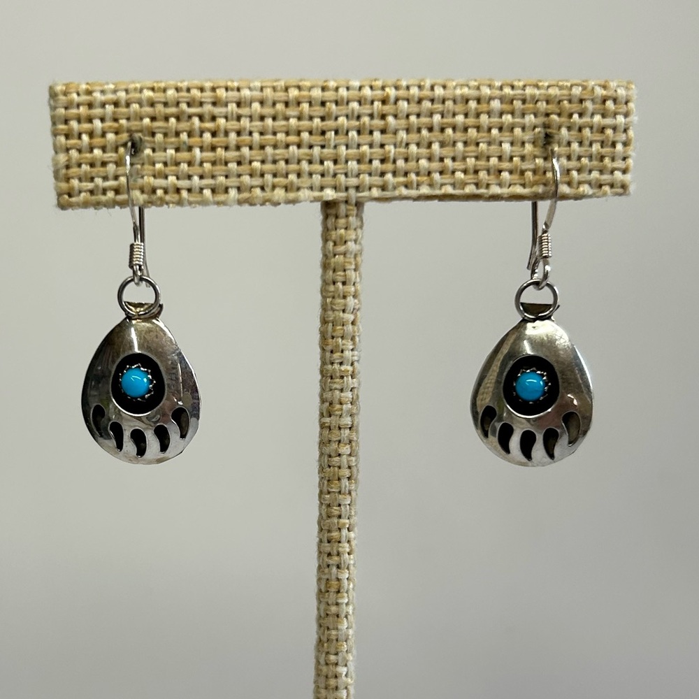 Vintage Stamped Sterling Silver Turquoise Bear Claw Native Earrings Vintage